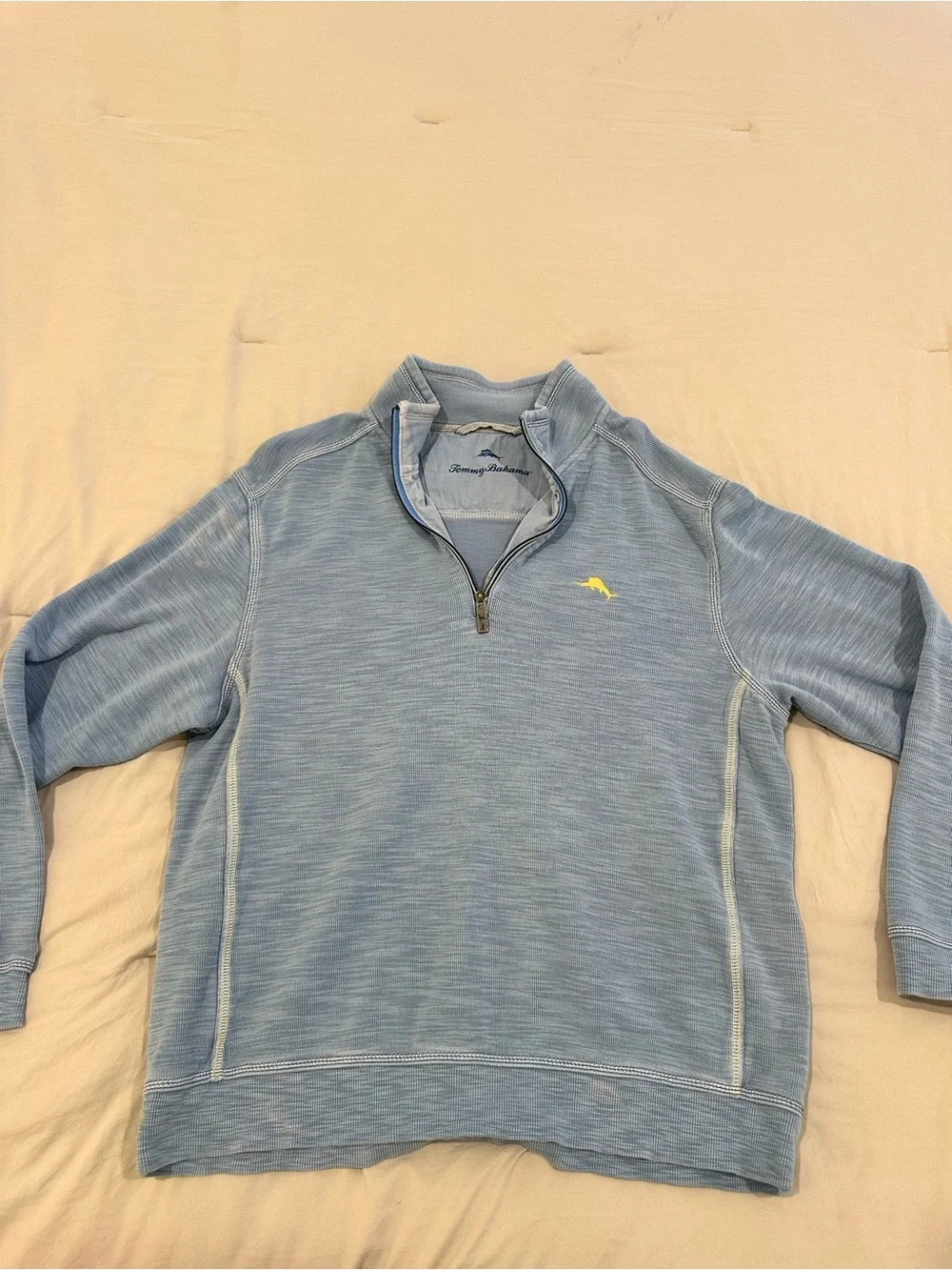 Tommy Bahama Light Blue Men’s Quarter-Zip Sweatshirt with Yellow Logo
